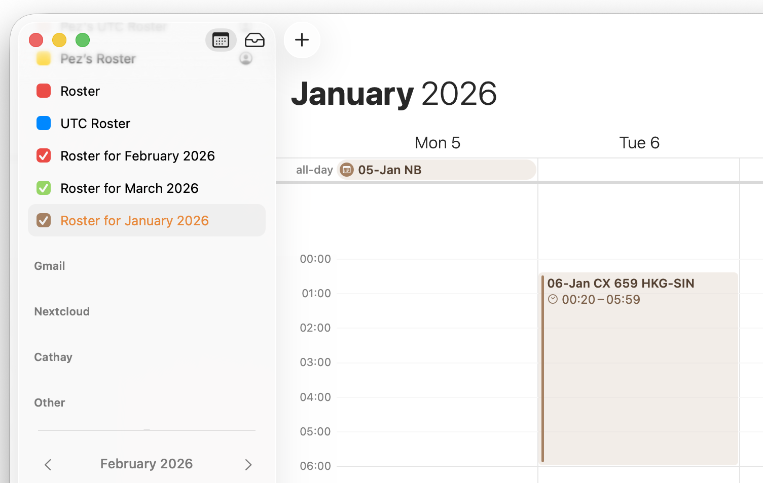 Cathay roster import creating multiple calendars