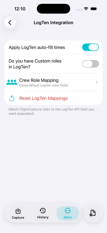 FlightCapture LogTen Integration settings screen