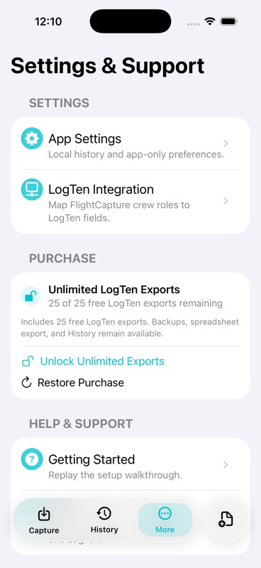 FlightCapture Settings and Support page showing LogTen Integration