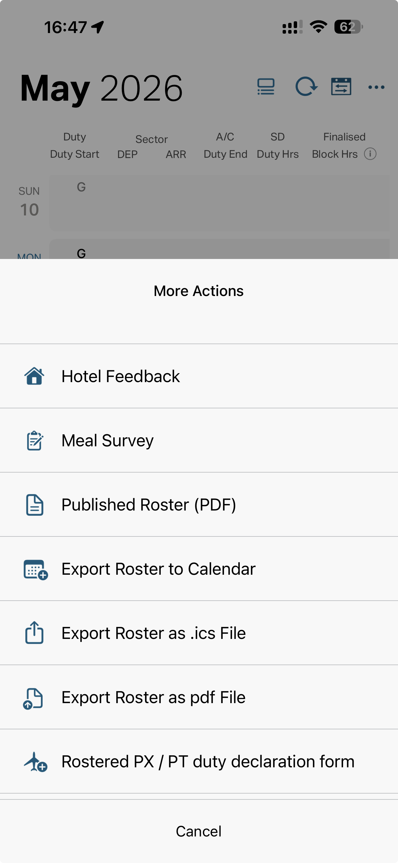 Cathay Crew Mobile menu showing Export Roster as .ICS File